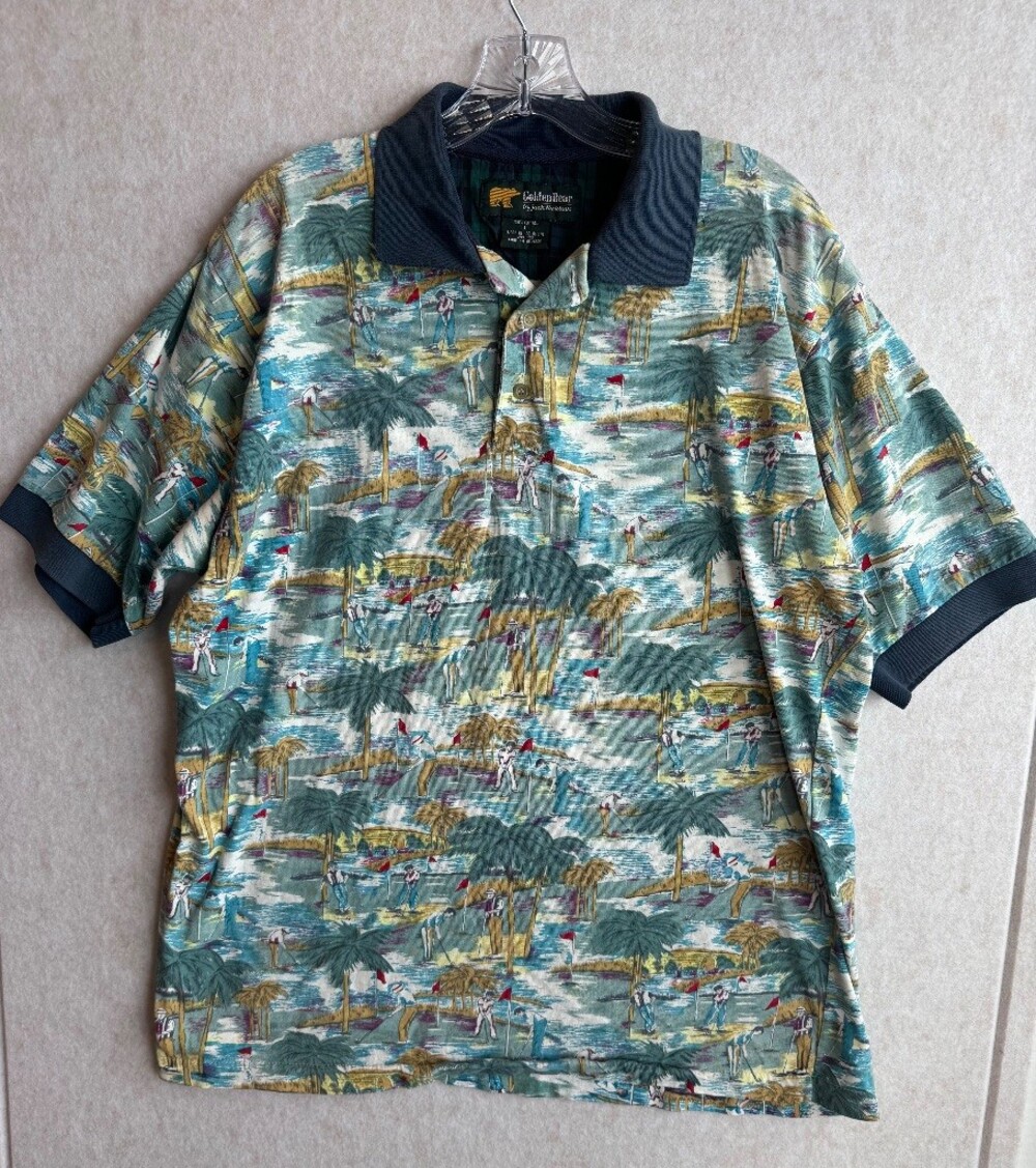 Vintage Golden Bear Jack Nicklaus Golf Polo Shirt L Tropical All Over Print